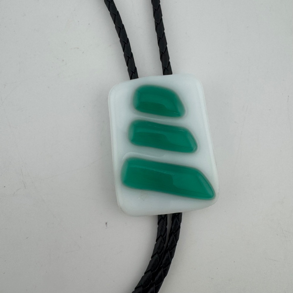 Fused Glass Bolo Tie White Green Excellent Modern Western Art Deco